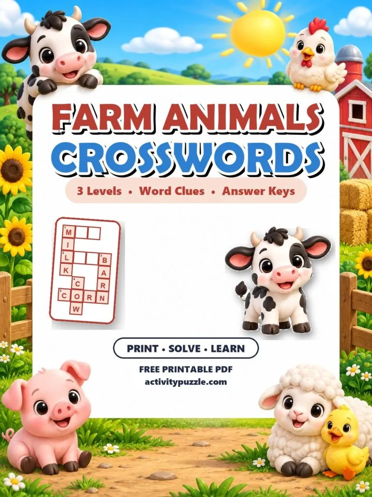 Farm Animals Crossword Puzzles (Grades 2-4) – printable PDF cover