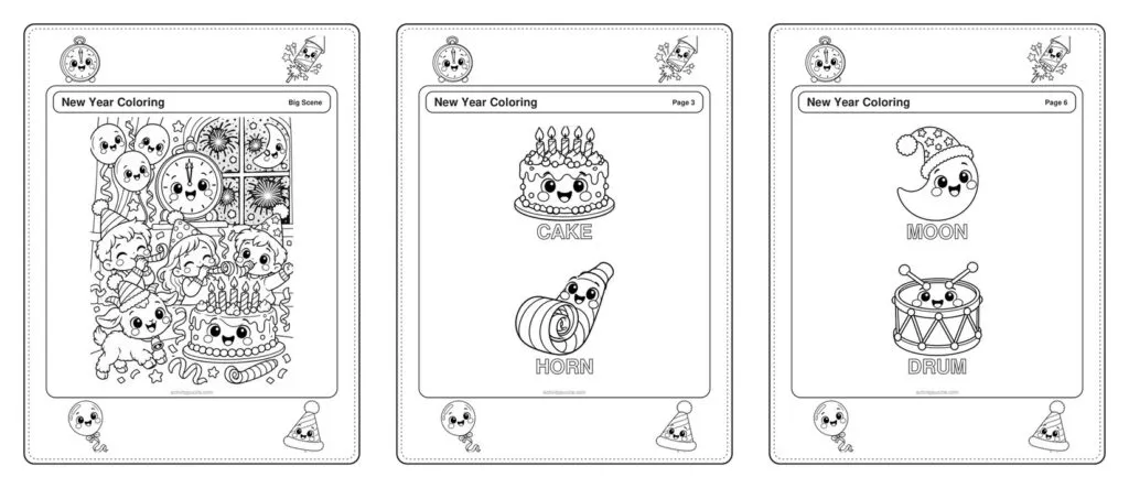 New Year Coloring Pages (Grades 2-4) – preview of the pages inside