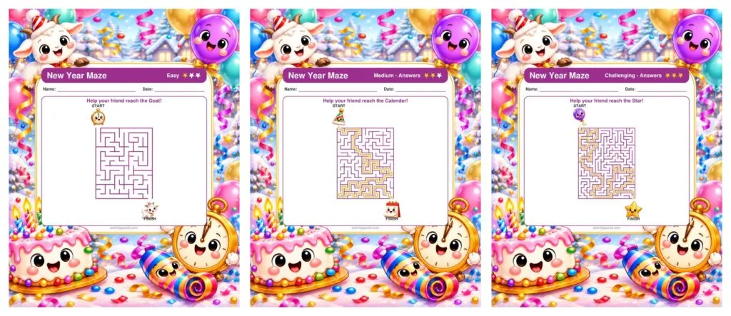New Year Maze Puzzles (Grades 2-4) – preview of the pages inside