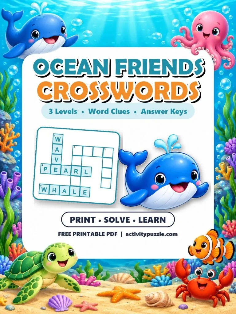 Ocean Friends Crossword Puzzles (Grades 2-4) – printable PDF cover