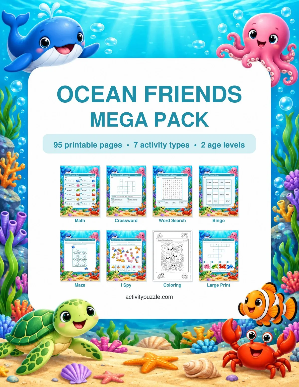 Ocean Friends Mega Pack printable activity pack for kids - cover