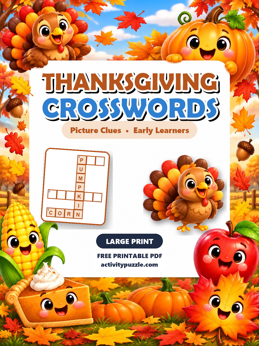 Thanksgiving Picture Crosswords Large Print (Early Learners) printable cover