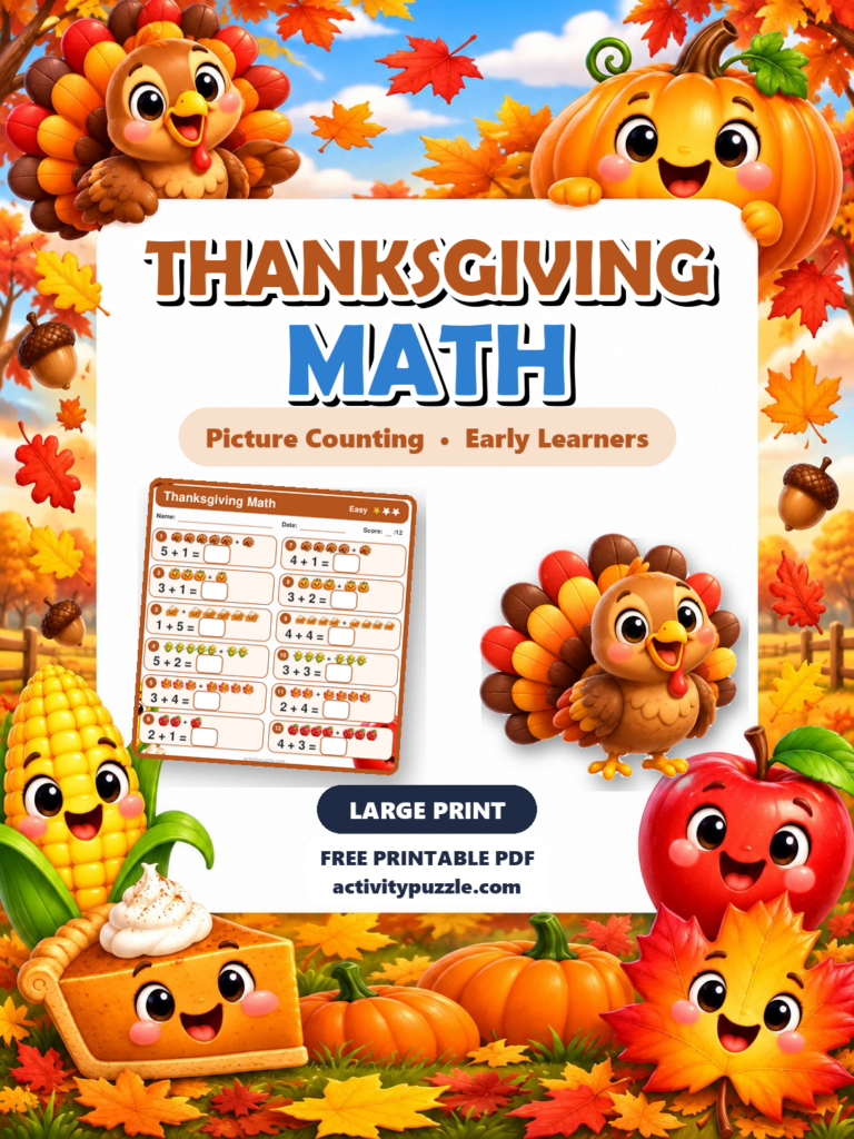 Thanksgiving Math Worksheets Large Print (Early Learners) printable cover