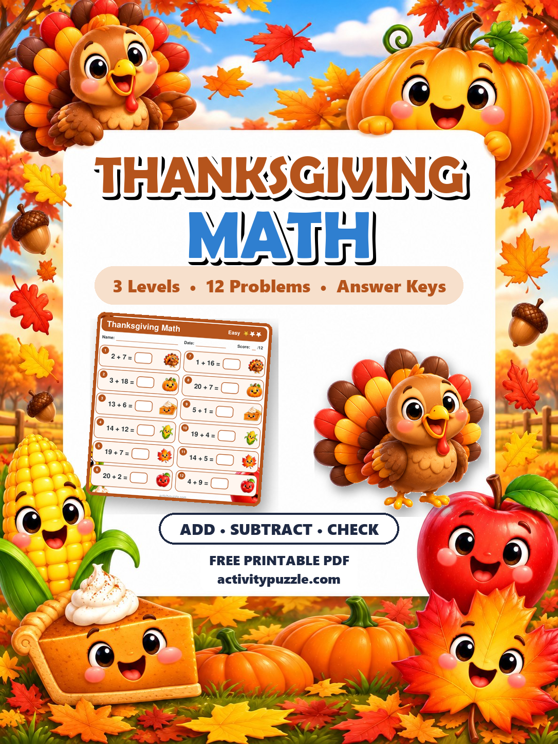 Thanksgiving Math Worksheets (Grades 2-4) printable cover