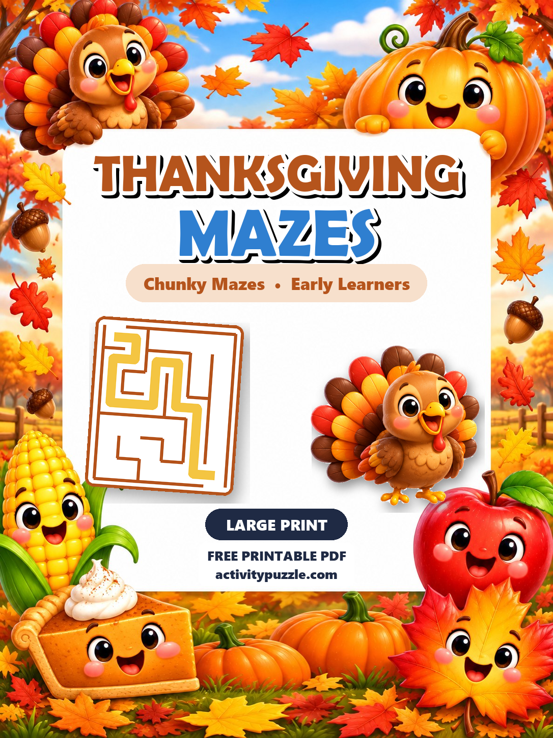 Thanksgiving Mazes Large Print (Early Learners) printable cover