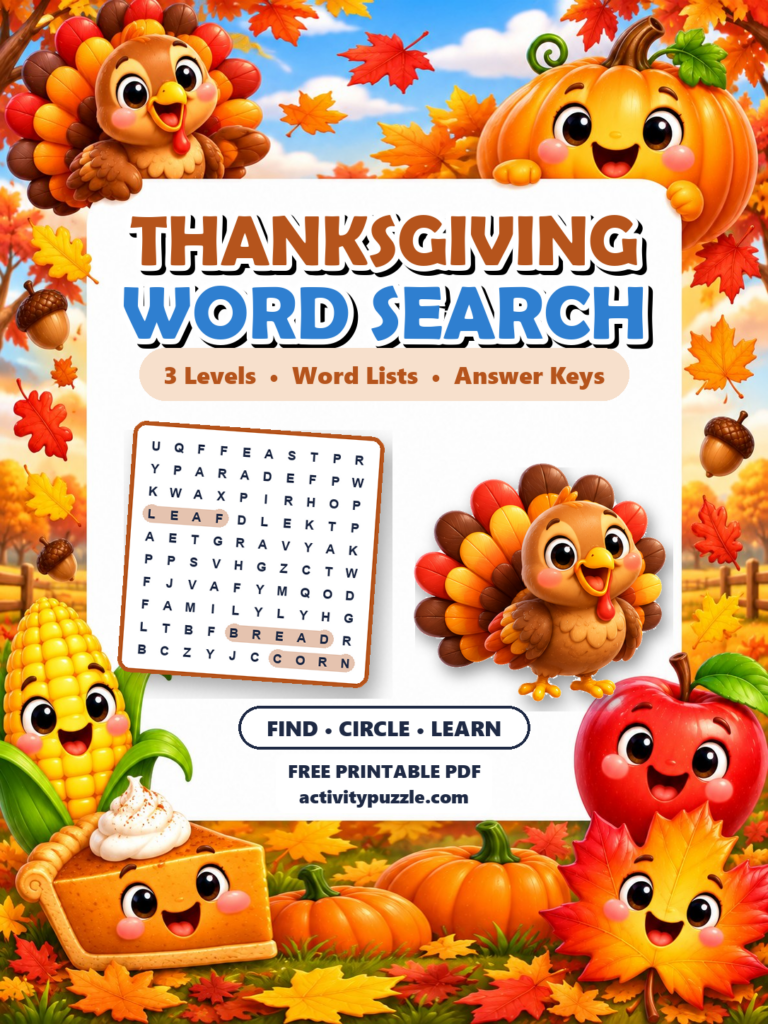 Thanksgiving Word Search Puzzles (Grades 2-4) printable cover