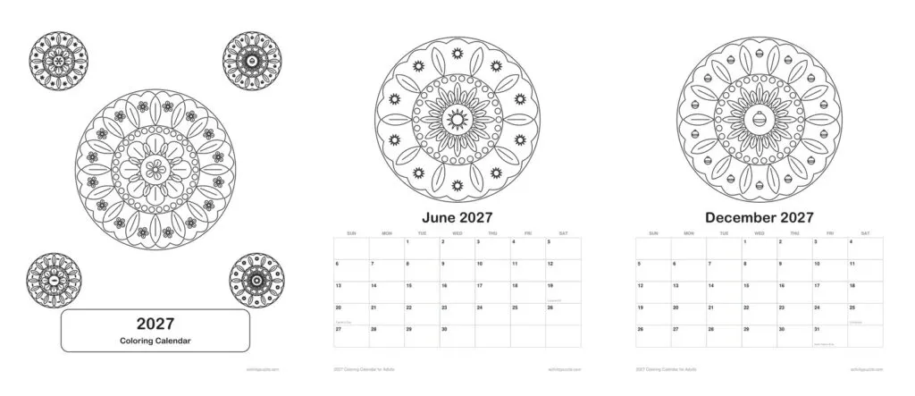 Preview of the 2027 adult coloring calendar: the cover, a June mandala page and the December page