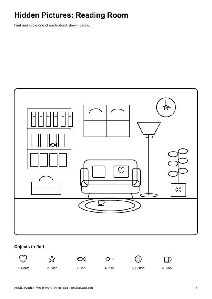 Hidden Pictures reading room worksheet with six objects to find
