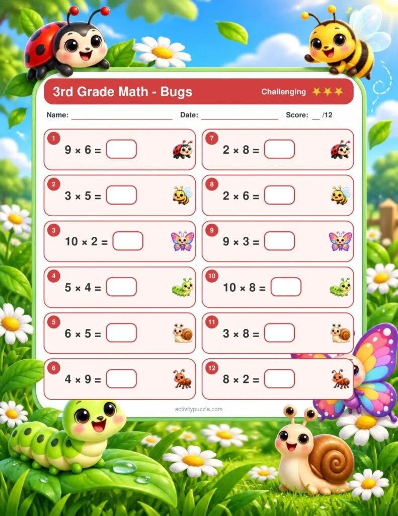 Bugs Math Worksheets (3rd Grade) – Challenging page preview