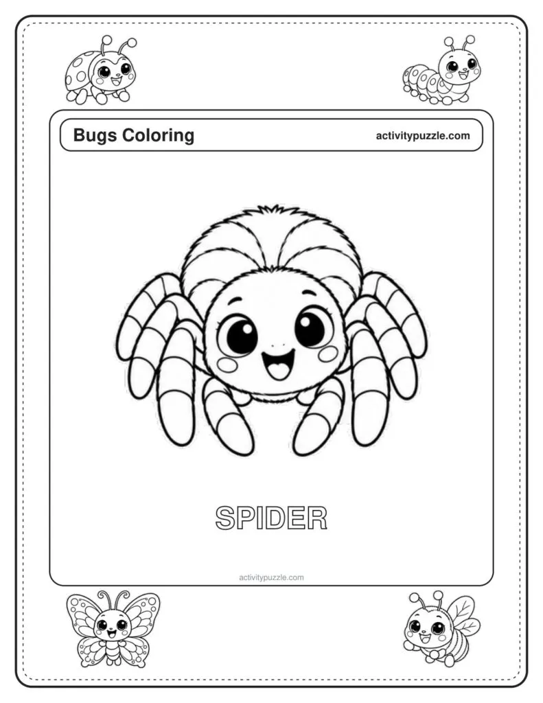 Garden Spider coloring page for kids: a round, friendly spider with eight long legs and a smiling face, with the word SPIDER in outline letters