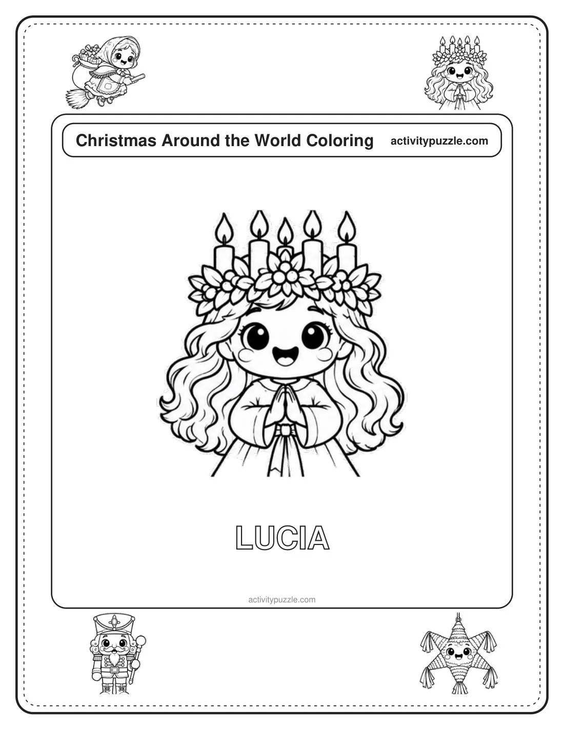 St Lucia (Sweden) coloring page for kids: St Lucia with a crown of candles, as in the Swedish candle parade on December 13, with the word LUCIA in outline letters