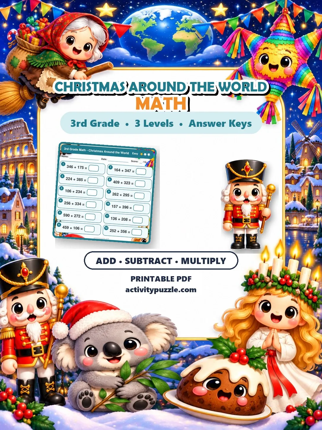Christmas Around the World Math Worksheets (3rd Grade) – printable PDF cover