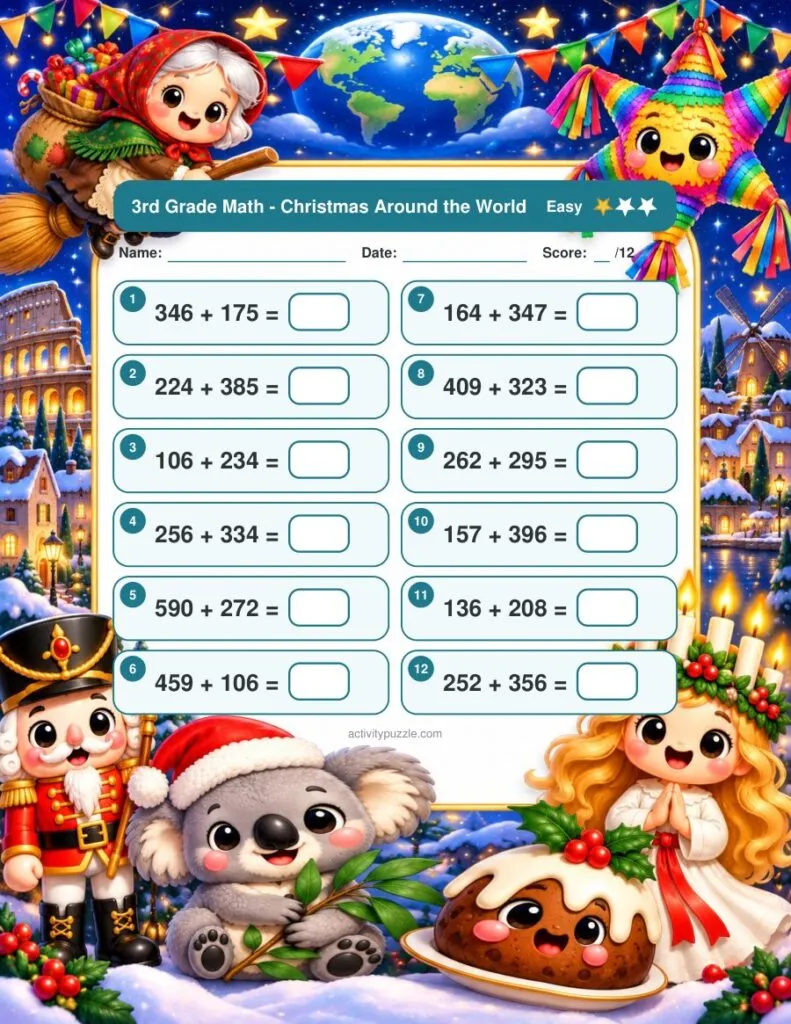 Christmas Around the World Math Worksheets (3rd Grade) – Easy page preview