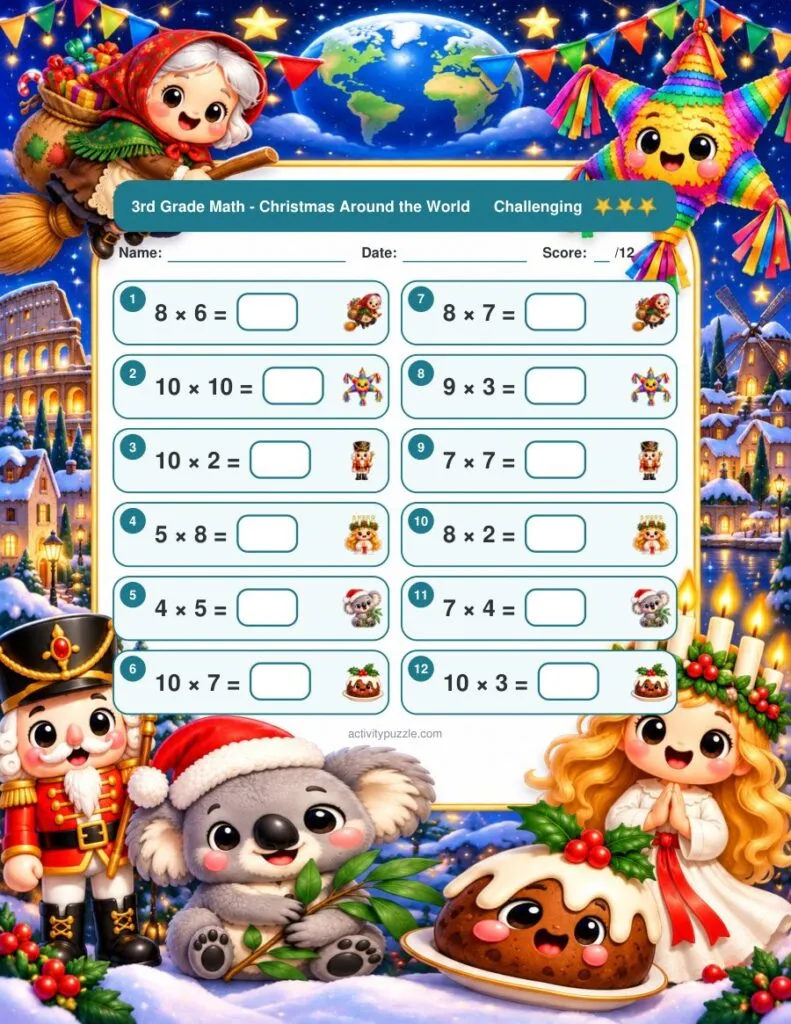 Christmas Around the World Math Worksheets (3rd Grade) – Challenging page preview