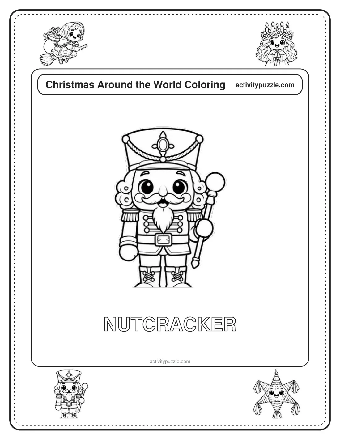 Nutcracker (Germany) coloring page for kids: a wooden nutcracker soldier from Germany in a tall hat, with the word NUTCRACKER in outline letters