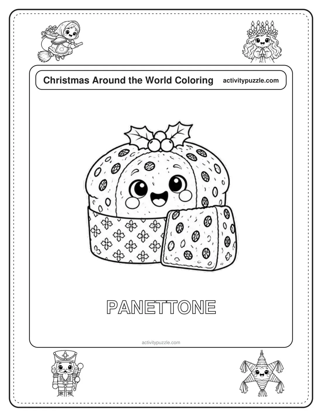 Panettone (Italy) coloring page for kids: a tall panettone sweet bread from Italy, with the word PANETTONE in outline letters