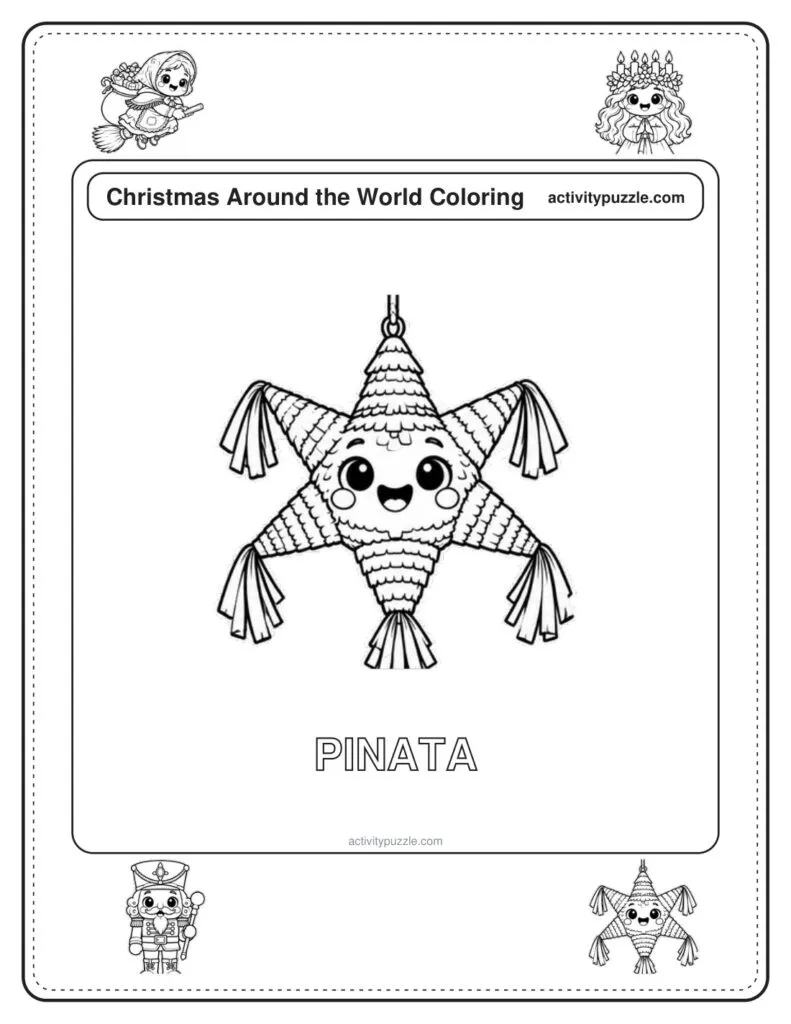 Piñata (Mexico) coloring page for kids: a star-shaped piñata with points and tassels, as at Las Posadas in Mexico, with the word PINATA in outline letters