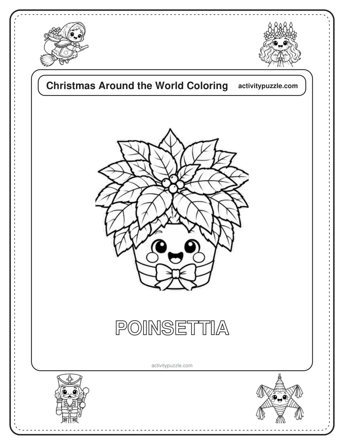 Poinsettia (Mexico) coloring page for kids: a poinsettia flower in a pot, the Christmas flower that first grew in Mexico, with the word POINSETTIA in outline letters
