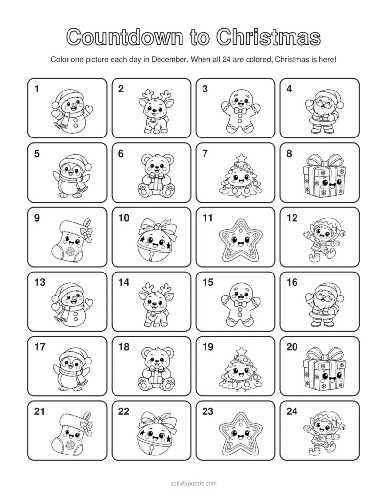 Christmas Countdown Coloring Calendar for Kids – printable PDF cover