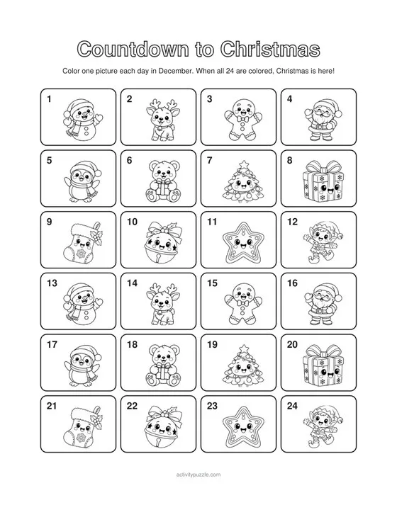 Christmas Countdown Coloring Calendar for Kids – preview of the pages inside