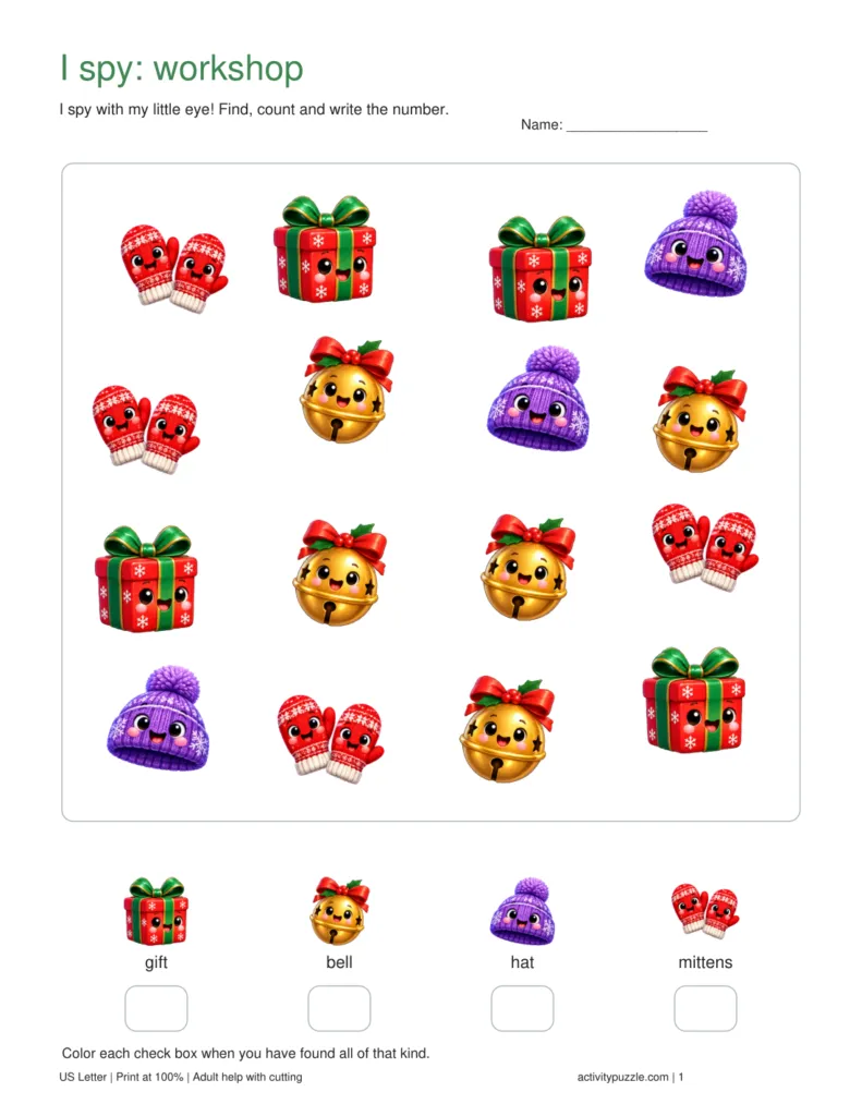 Christmas workshop I Spy scene with 16 gifts, bells, hats and pairs of mittens to find and count