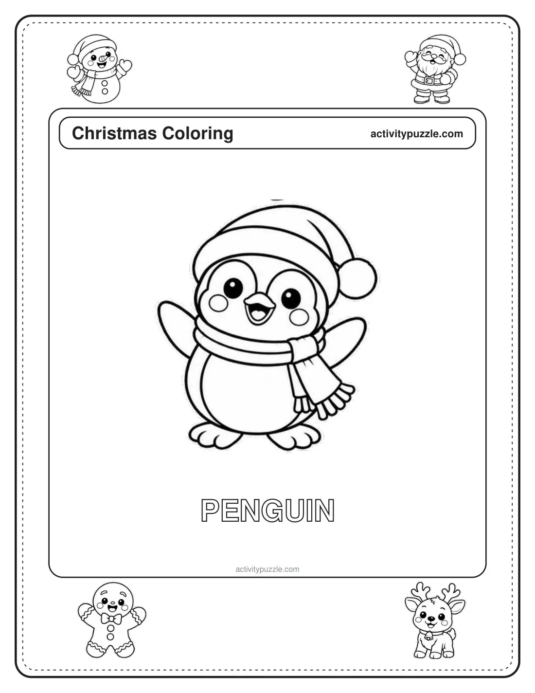 Penguin coloring page for kids: a little penguin in a Santa hat and a scarf, flapping its wings happily, with the word PENGUIN in outline letters