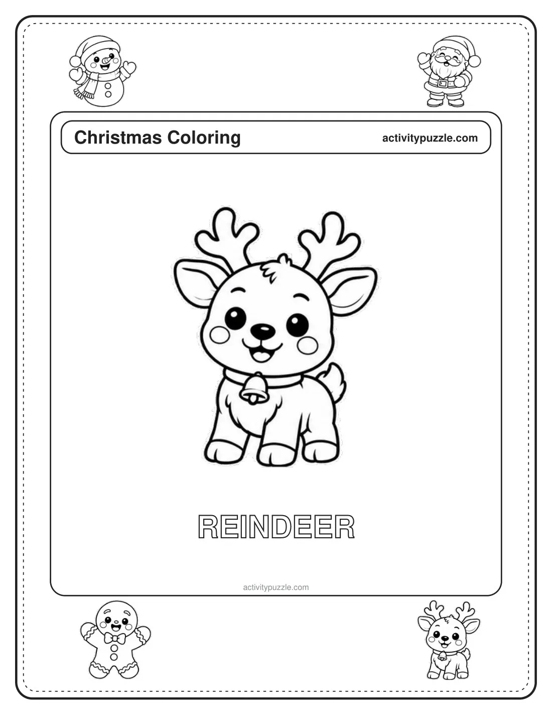 Reindeer coloring page for kids: a baby reindeer with little antlers and big eyes, sitting and smiling, with the word REINDEER in outline letters