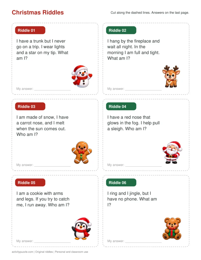 Christmas riddle cards for kids: six riddles about a tree, a stocking, a snowman and a reindeer with cute characters
