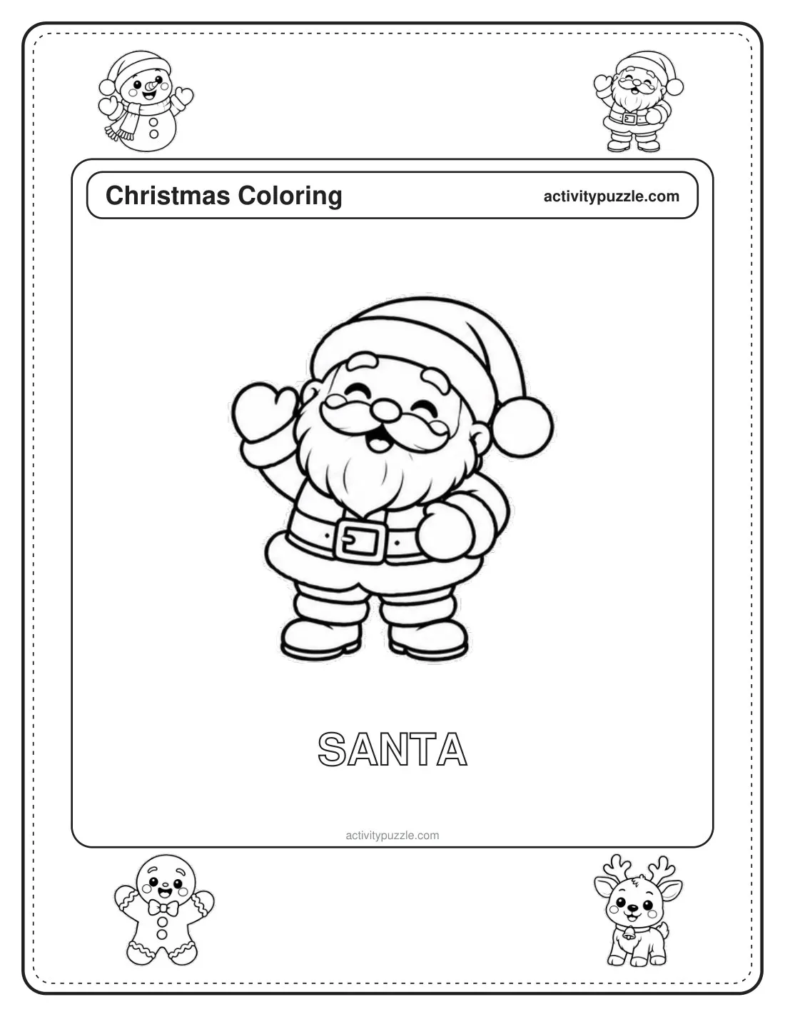 Santa Claus coloring page for kids: a cheerful Santa Claus with a fluffy beard, a hat and a big belt, waving, with the word SANTA in outline letters