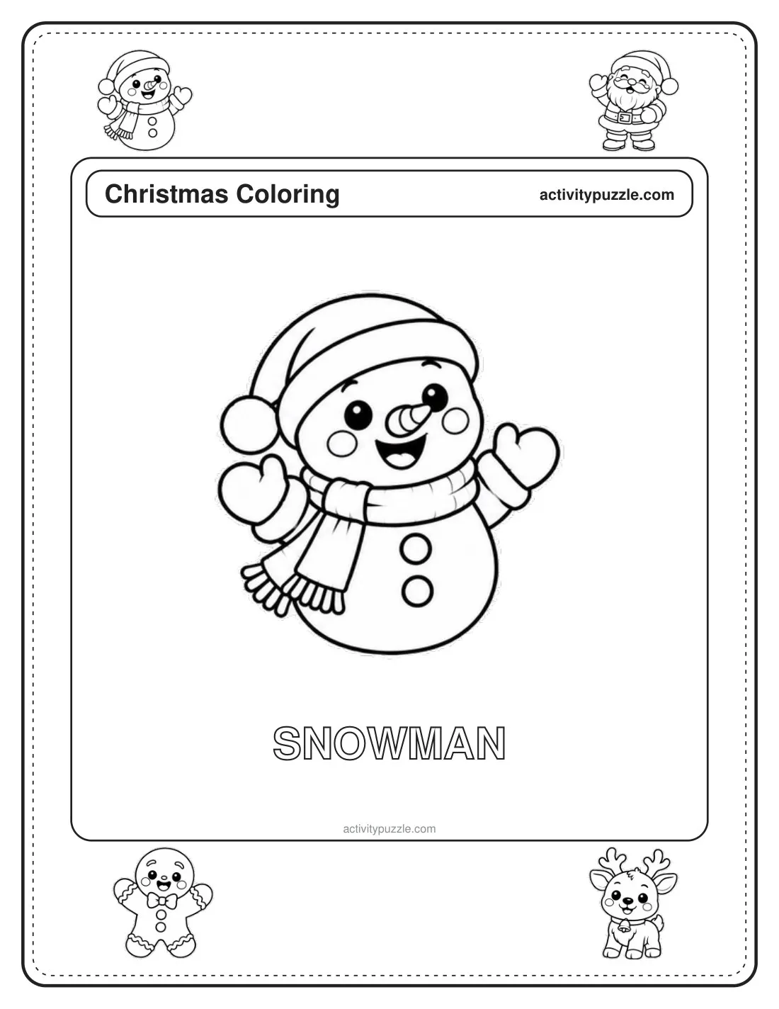 Snowman coloring page for kids: a jolly snowman in a warm hat and scarf, waving with both hands, with the word SNOWMAN in outline letters