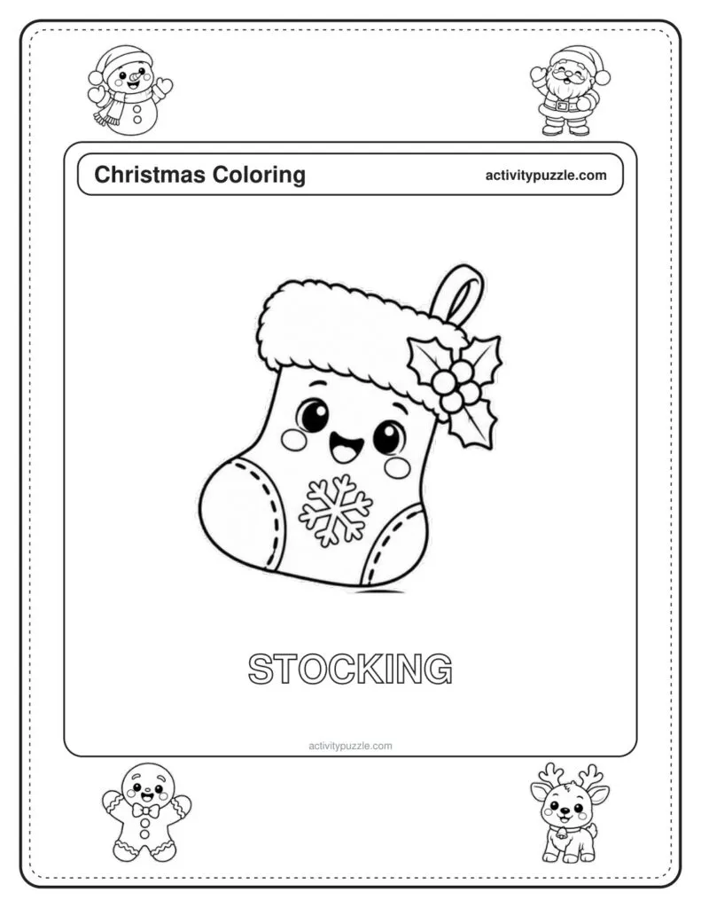 Christmas Stocking coloring page for kids: a Christmas stocking with fluffy trim, holly leaves and a snowflake, with the word STOCKING in outline letters