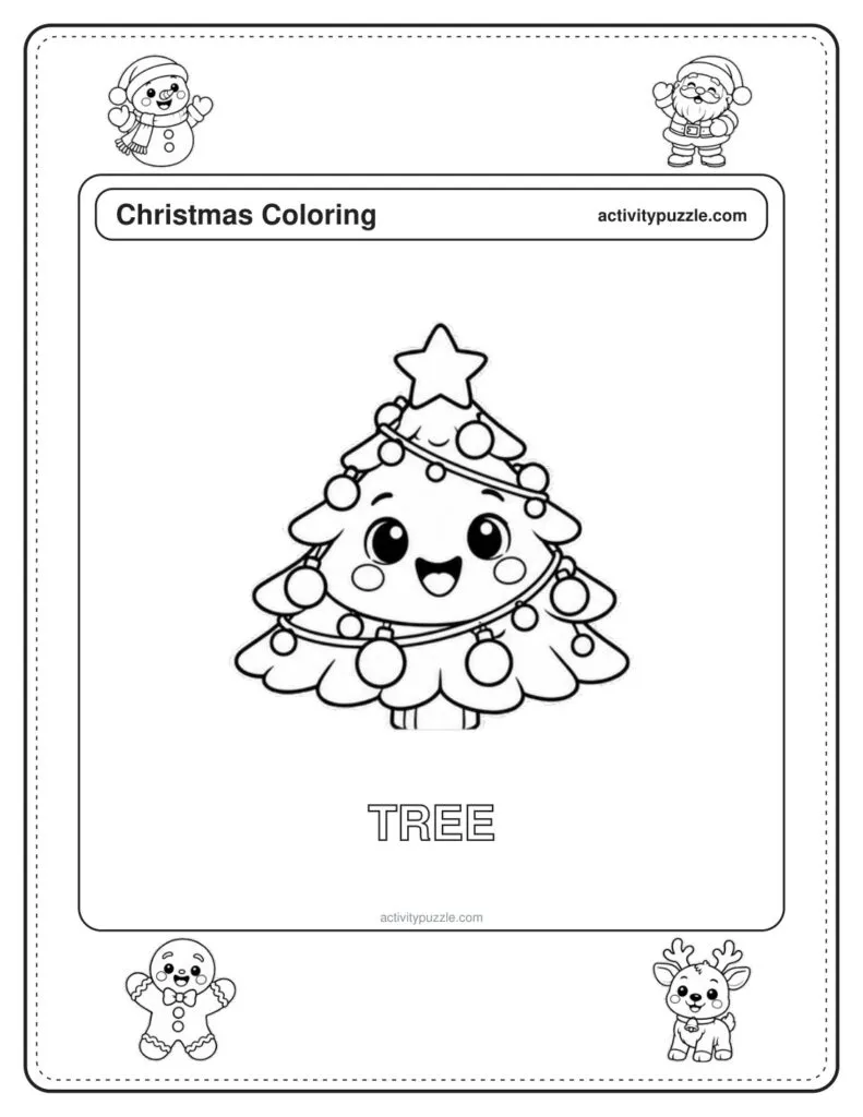 Christmas Tree coloring page for kids: a decorated Christmas tree with a star on top, ornaments and a smiling face, with the word TREE in outline letters