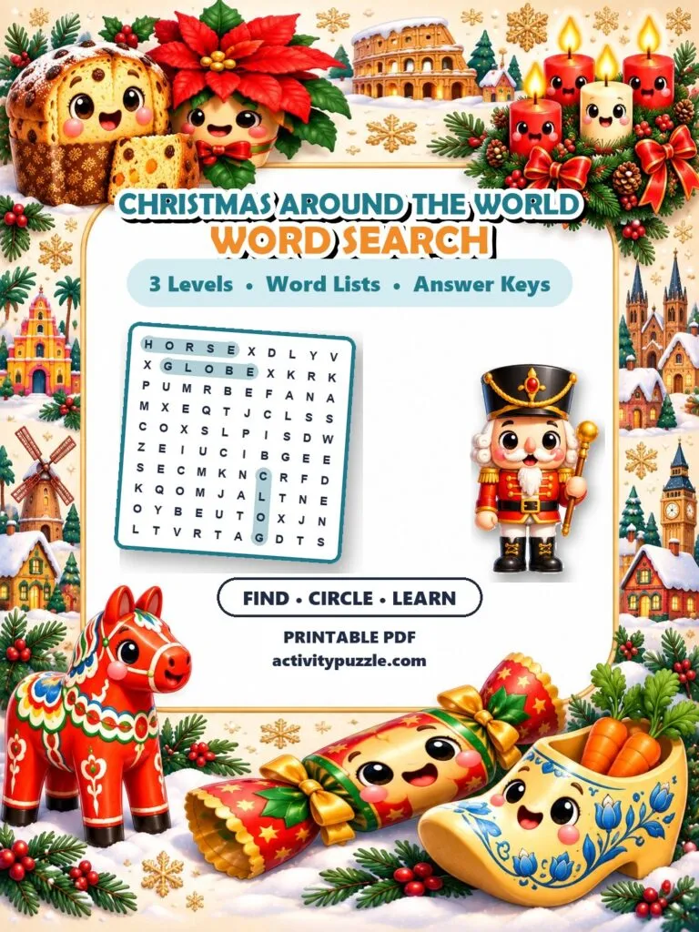 Christmas Around the World Word Search Puzzles (Grades 2-4) – printable PDF cover