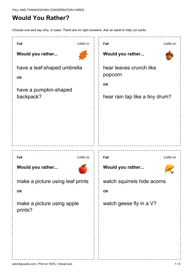 Fall and Thanksgiving - 24 Would You Rather Cards — first activity page in color clay 3D style