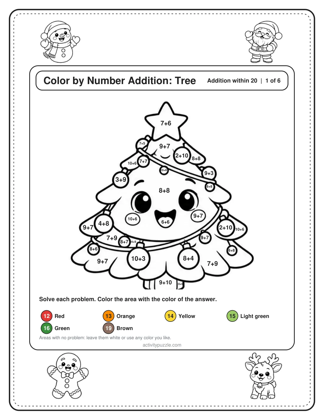 Color by number addition within 20: a Christmas tree with addition problems in every area and a color key
