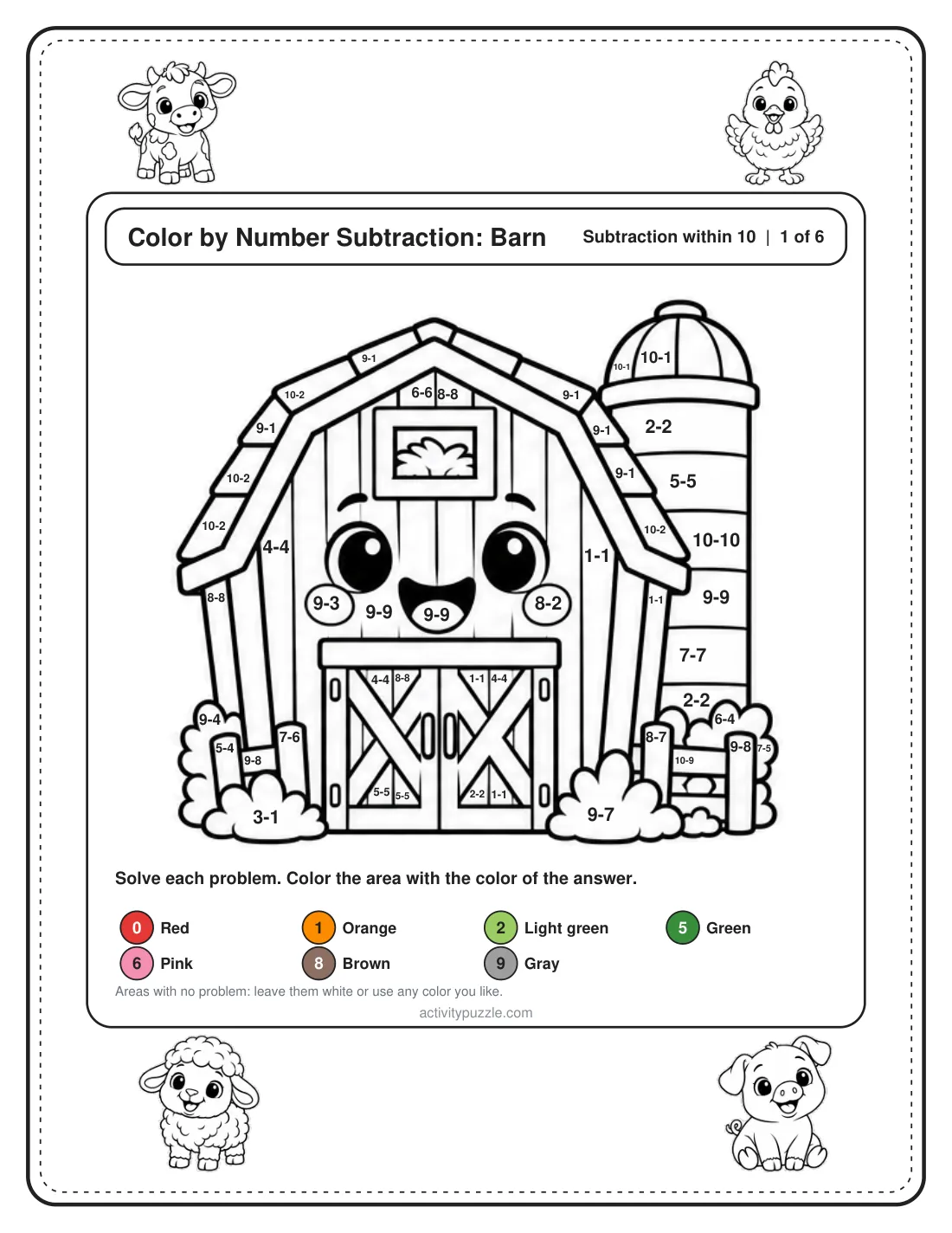Color by number subtraction page: a cupcake with a subtraction problem in every area and a color key