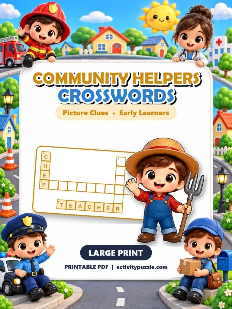 Community Helpers Picture Crosswords Large Print (Early Learners) – printable PDF cover
