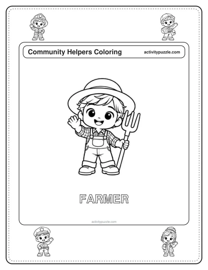 Farmer coloring page for kids: a farmer in a straw hat and overalls, holding a pitchfork, with the word FARMER in outline letters
