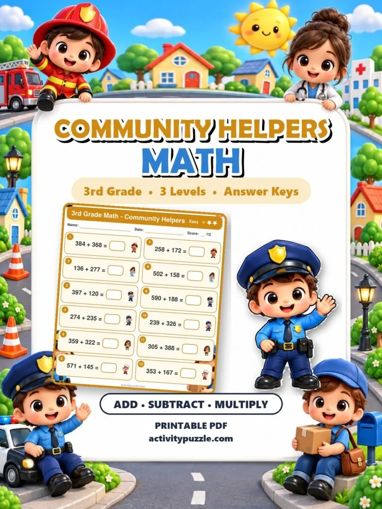 Community Helpers Math Worksheets (3rd Grade) – printable PDF cover