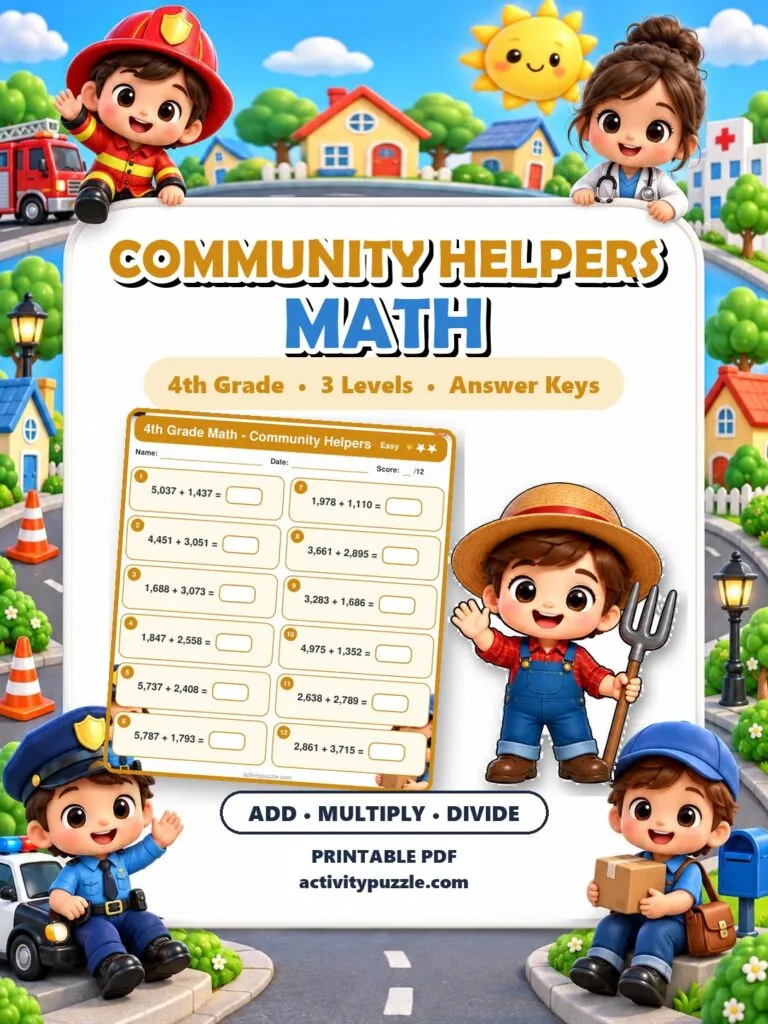 Community Helpers Math Worksheets (4th Grade) – printable PDF cover