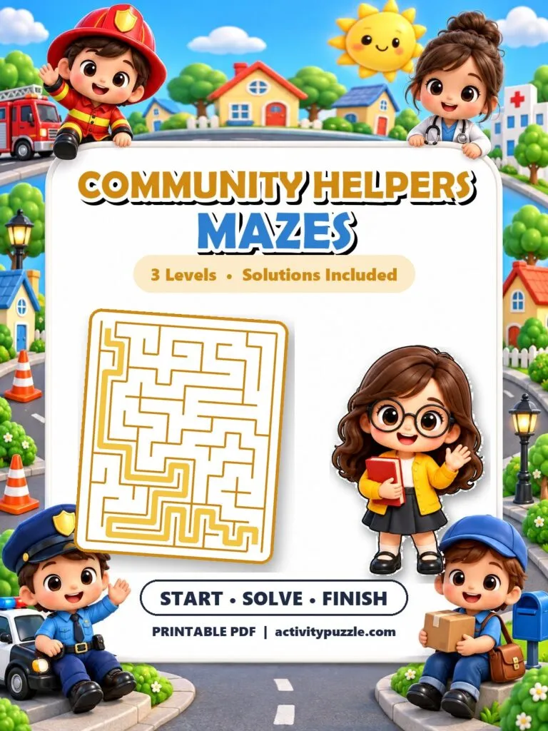 Community Helpers Maze Puzzles (Grades 2-4) – printable PDF cover
