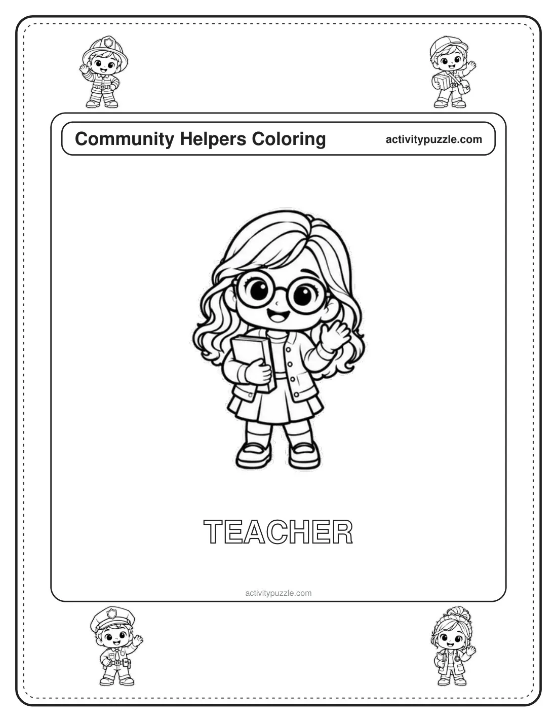 Teacher coloring page for kids: a teacher with glasses holding books, smiling, with the word TEACHER in outline letters