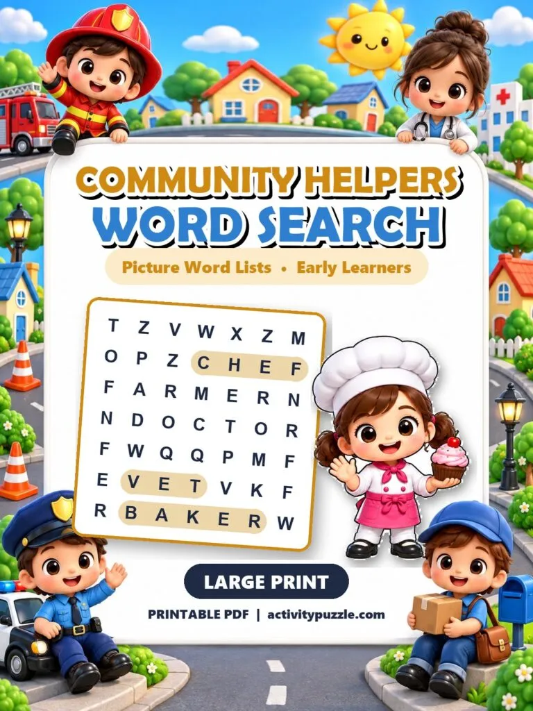 Community Helpers Picture Word Search Large Print (Early Learners) – printable PDF cover
