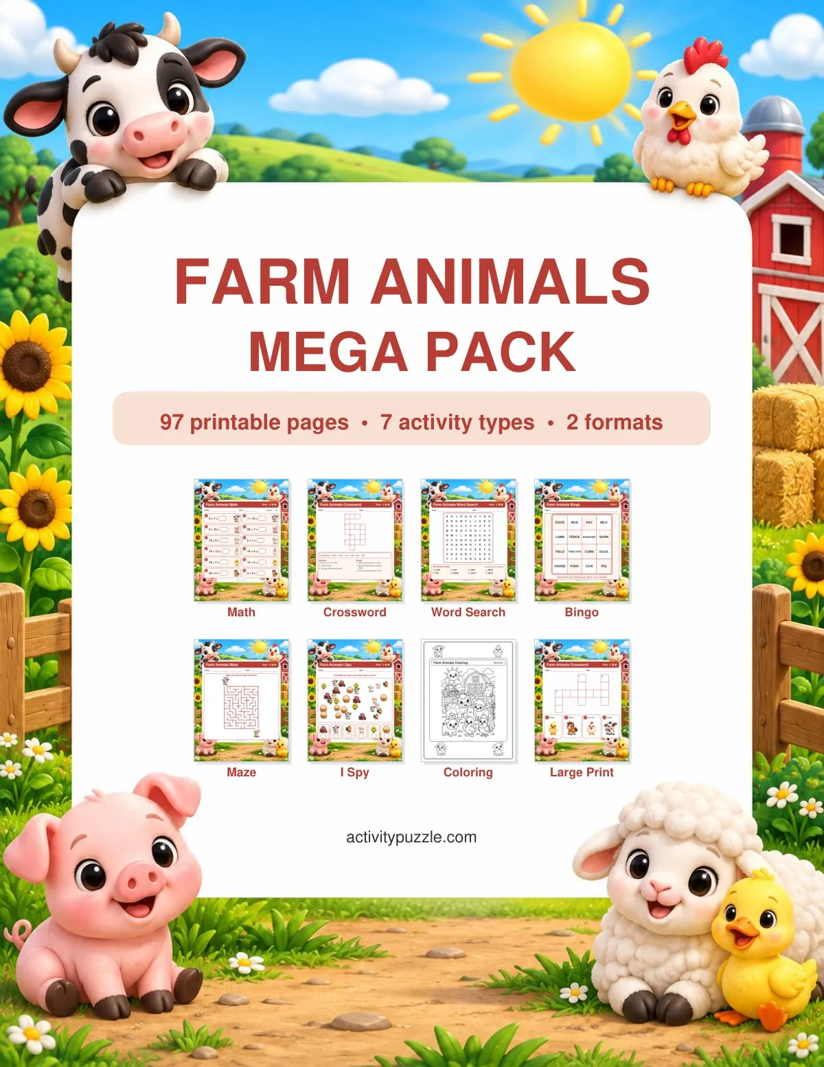 farm animals mega pack cover — standard and large-print activities; math for Grades 1-2