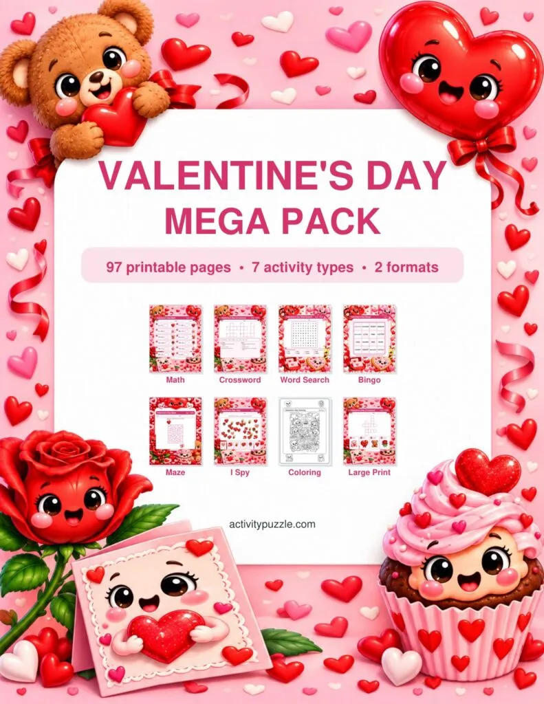 valentines mega pack cover — standard and large-print activities; math for Grades 1-2