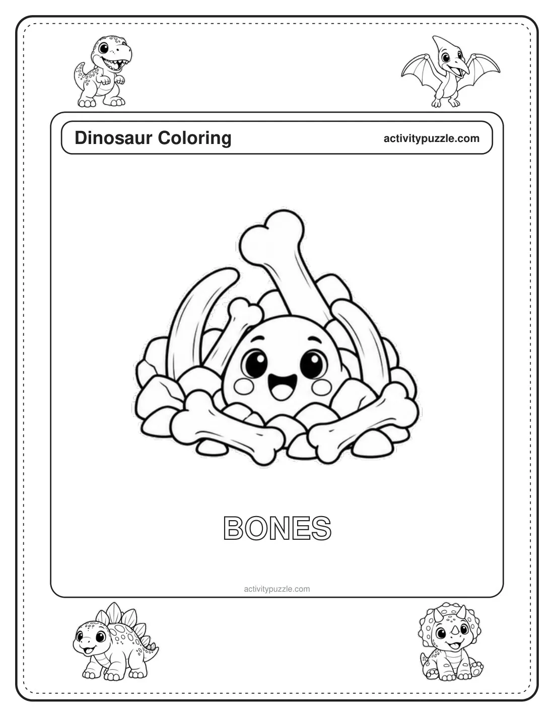 Dinosaur Bones coloring page for kids: a pile of dinosaur bones with a smiling face, with the word BONES in outline letters