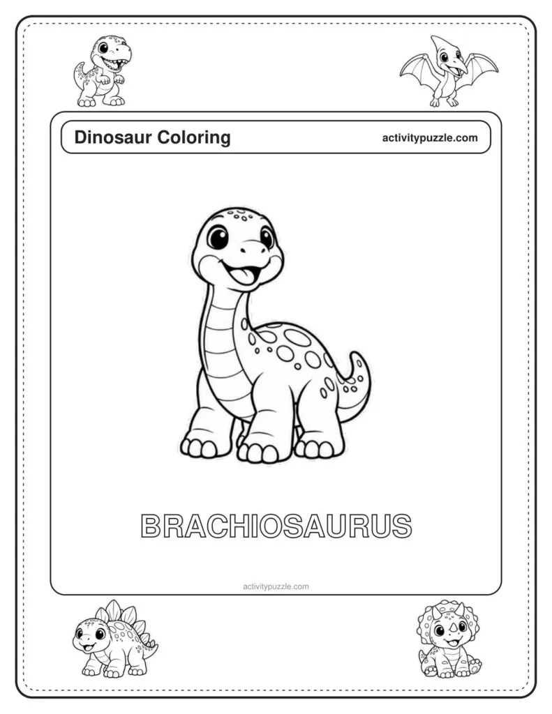 Brachiosaurus coloring page for kids: a long-necked brachiosaurus with a sweet smile, with the word BRACHIOSAURUS in outline letters
