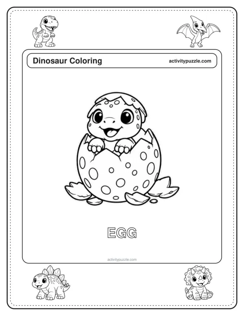Dinosaur Egg coloring page for kids: a baby dinosaur peeking out of its spotted egg, with the word EGG in outline letters