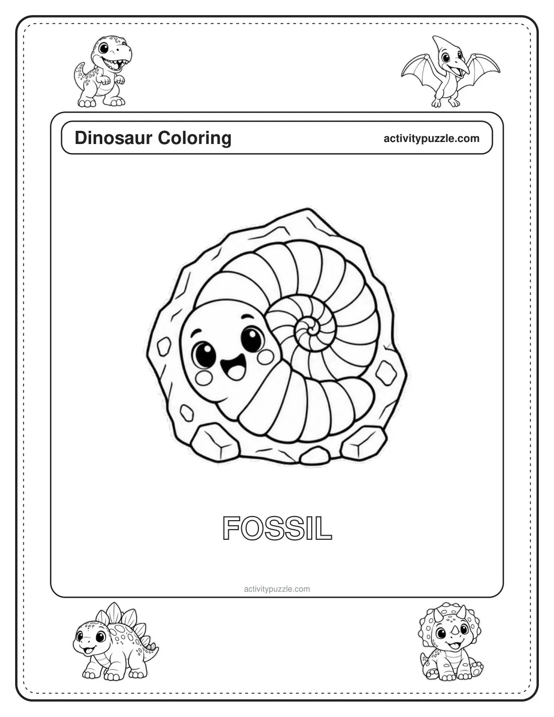 Fossil coloring page for kids: a round fossil stone with a spiral shell print and a happy face, with the word FOSSIL in outline letters
