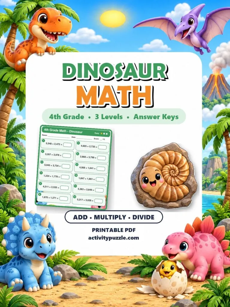 Dinosaur Math Worksheets (4th Grade) – printable PDF cover